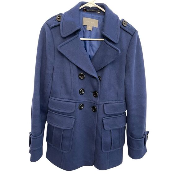 $195 ANN TAYLOR Navy‎ Blue Double Breasted Peacoat Button Details Coat Jacket S - Picture 1 of 6